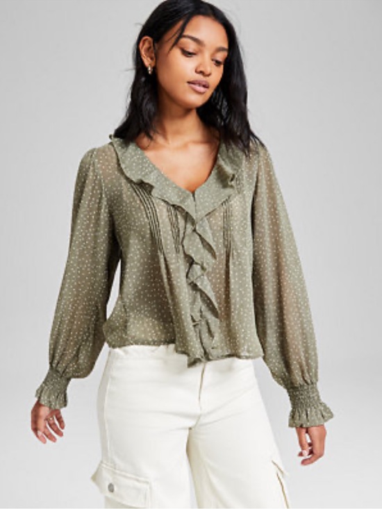 And Now This Tops - And Now This Green Polka Dot Ruffle Blouse Long Sleeve Sheer XL